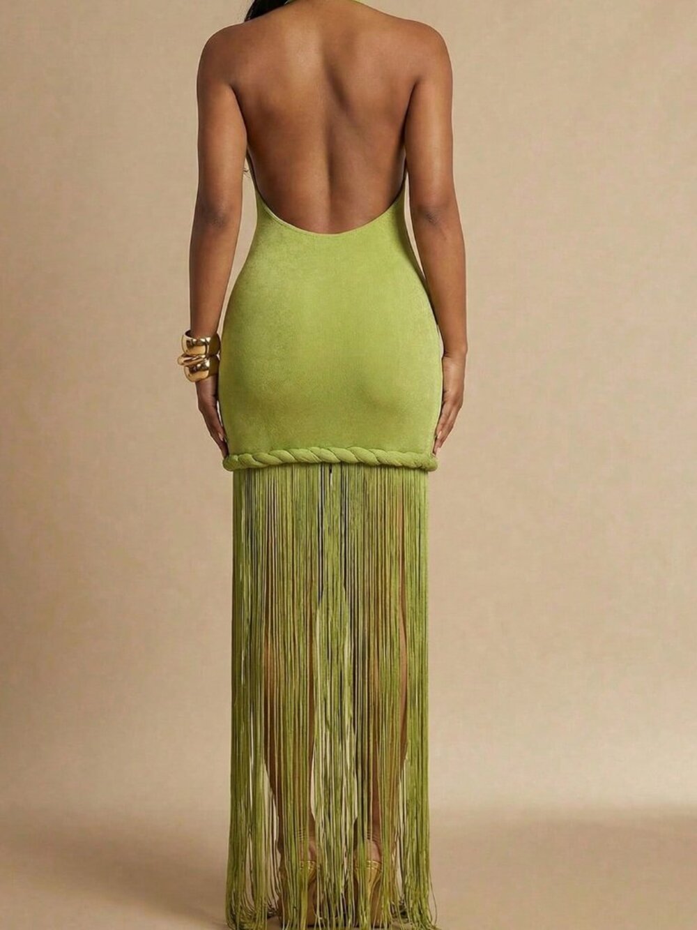 Green Sexy Halter Backless Fringed Dress Women's Long Beach Dress - Picture 2 of 6